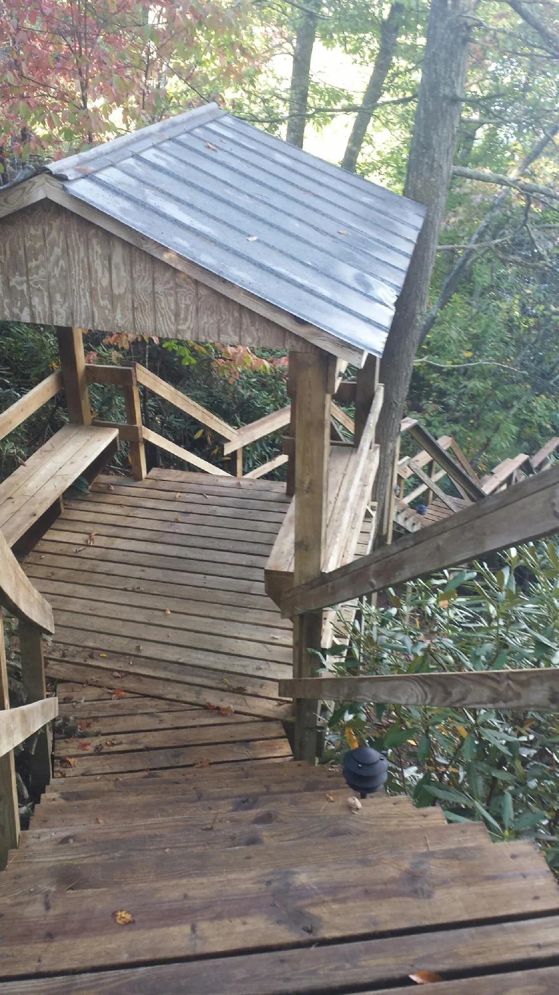 Metal roofed shelter over wooden steps on a wooded walkway — Skylight Repair & Installation work by our crew in Goodfield